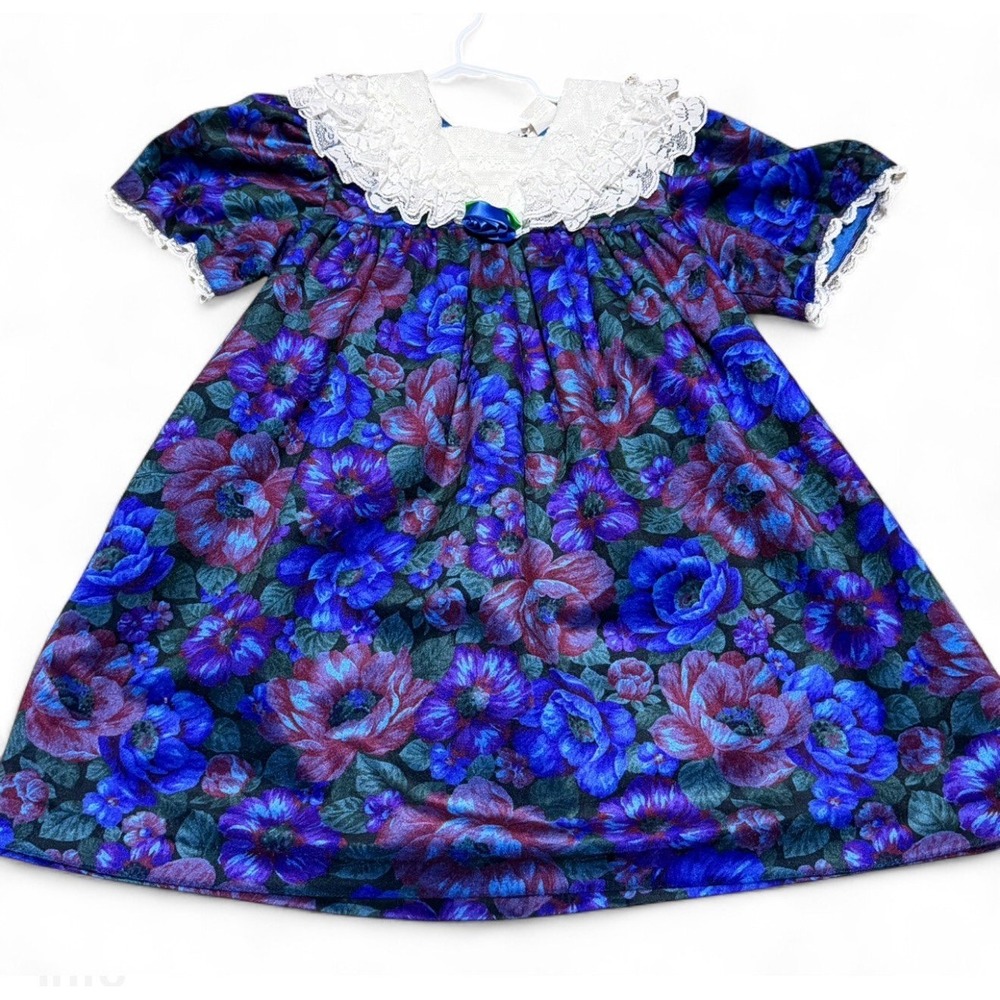 Vintage Girls 6X Floral Dress Lace Collar Blue Purple Roses Party USA